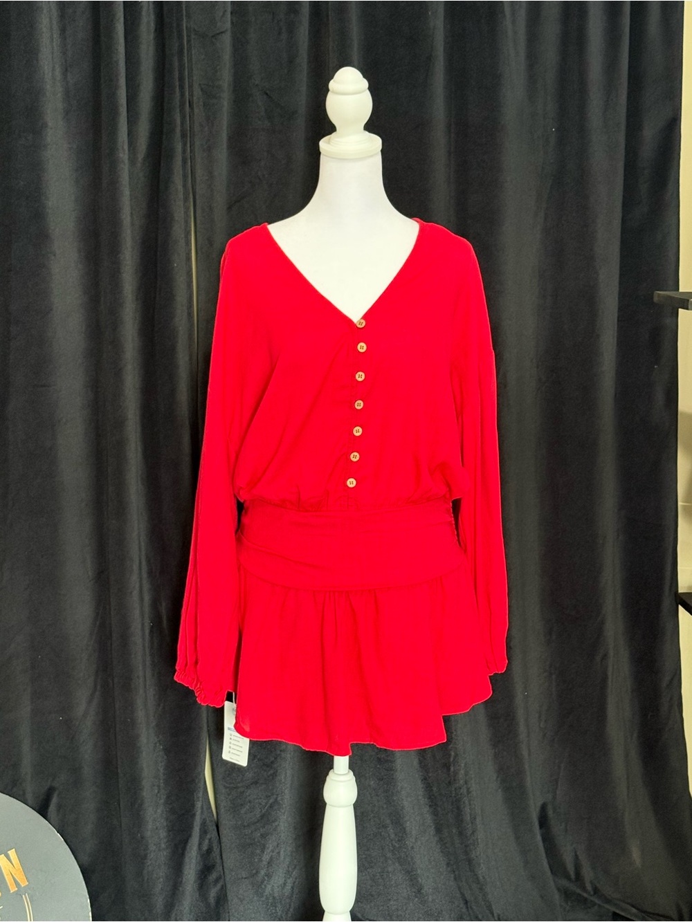 Women's Red Long Sleeve V-Neck Button Up Tunic Romper